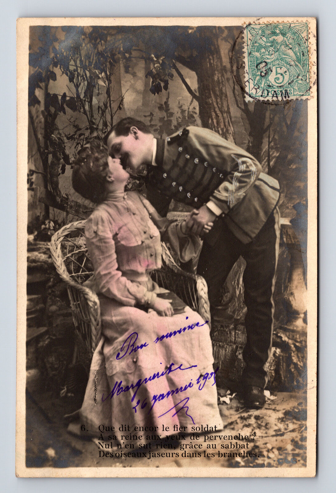 1905 RPPC French Portrait Romance Woman & Soldier Kiss Hand Colored CLC Postcard