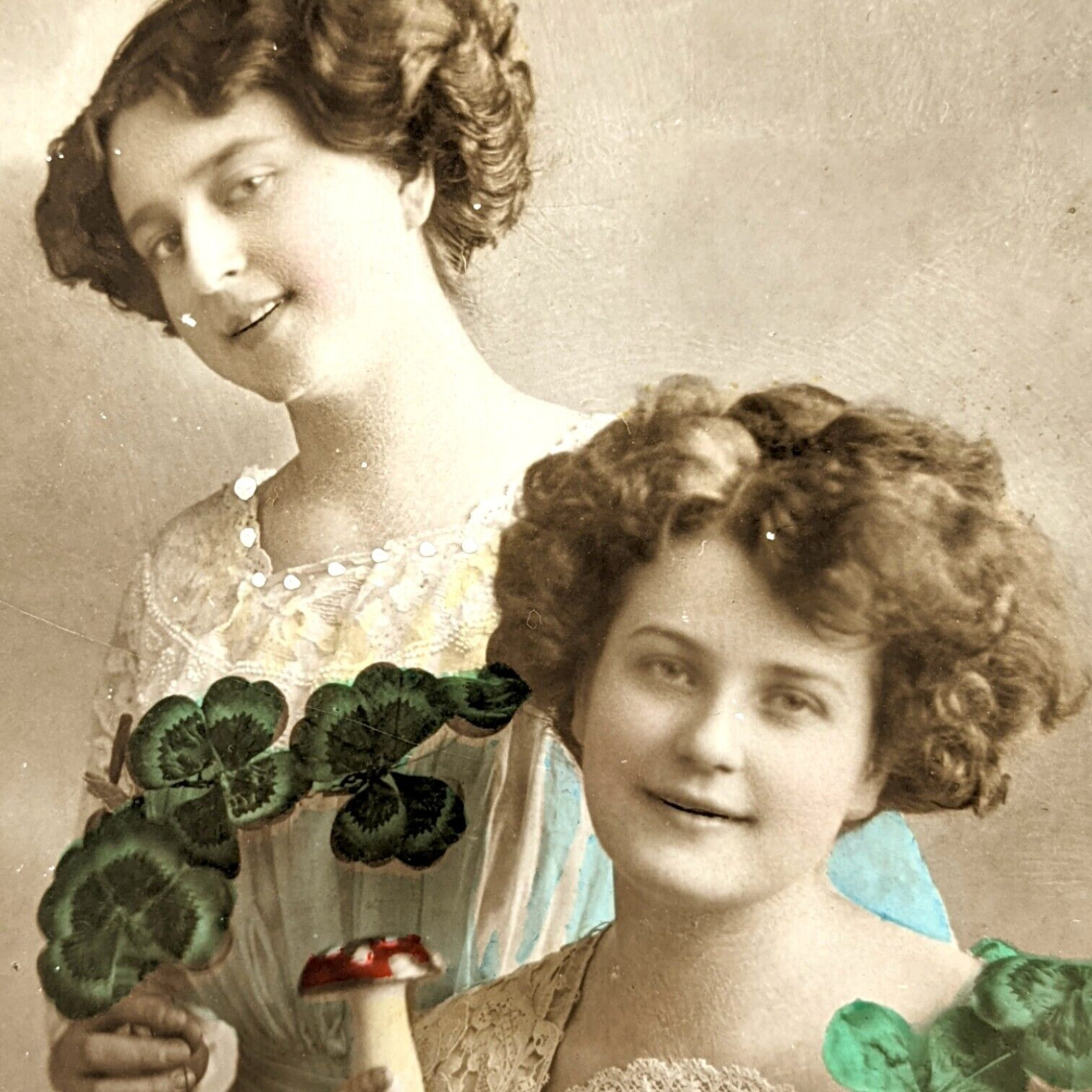 New Years RPPC Postcard Four Leaf Clover Posing Ladies Hand Tinted One of a Kind