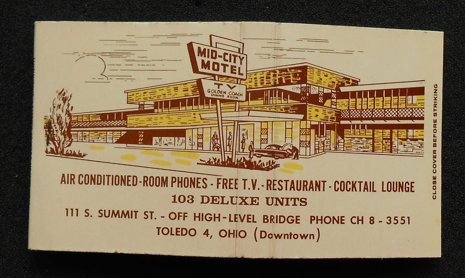 1950s Full Length Mid-City Motel 111 S. Summit St. Toledo OH Lucas Co Matchbook