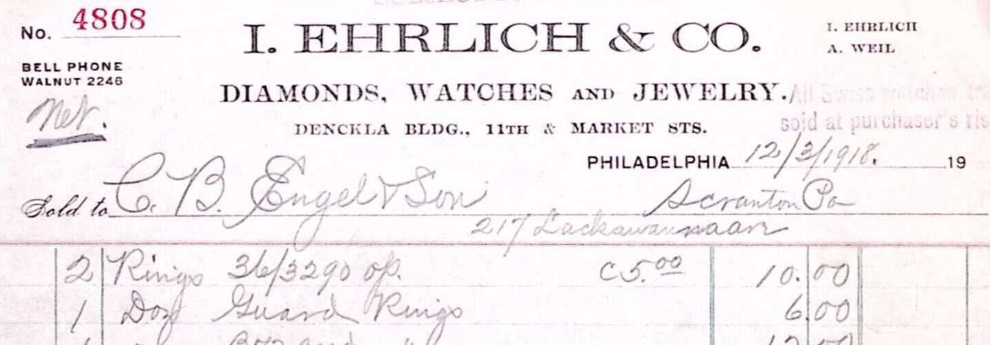 1918 PHILADELPHIA PA I. EHRLICH & CO DIAMONDS WATCHES BILLHEAD INVOICE Z183