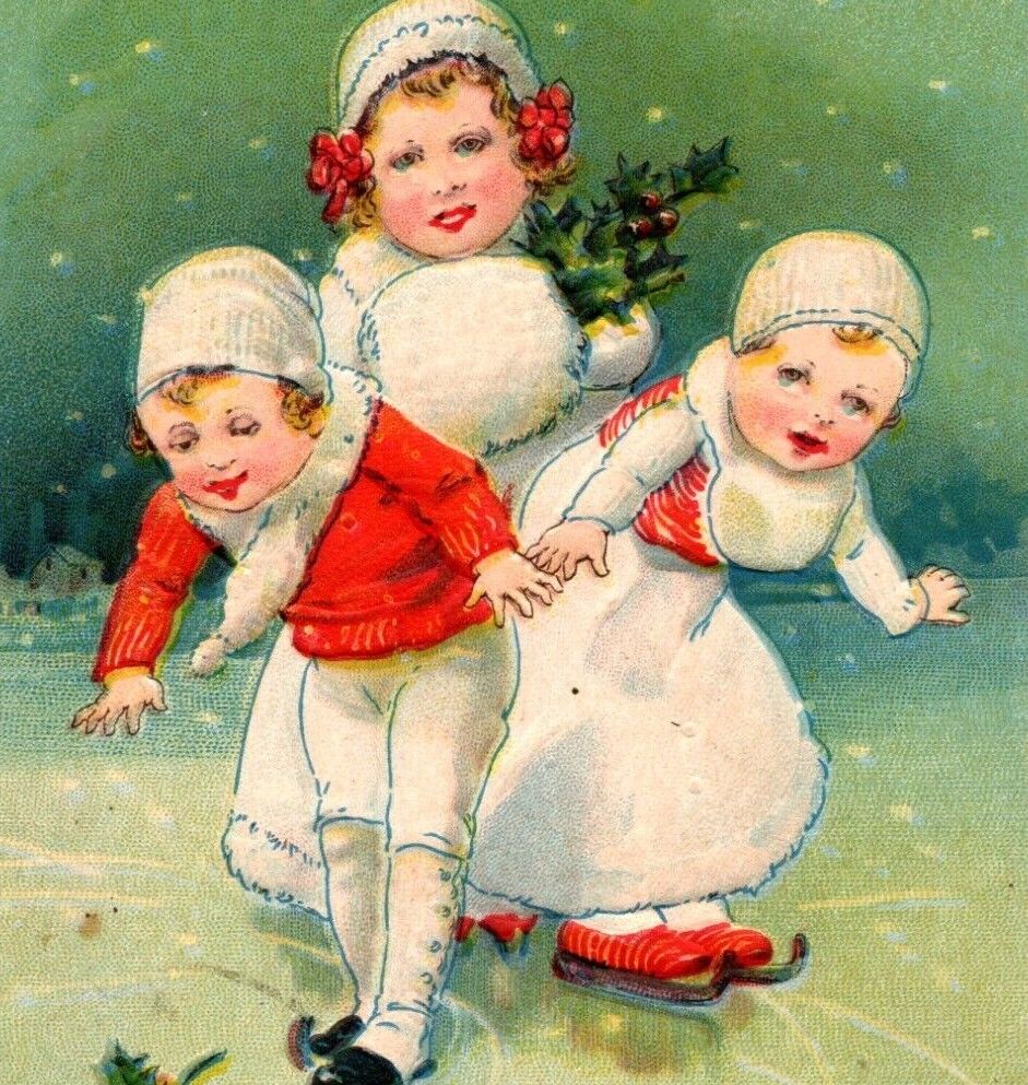 Christmas Postcard Cute Children Ice Skating Frozen Lake White Coats Red Sweater