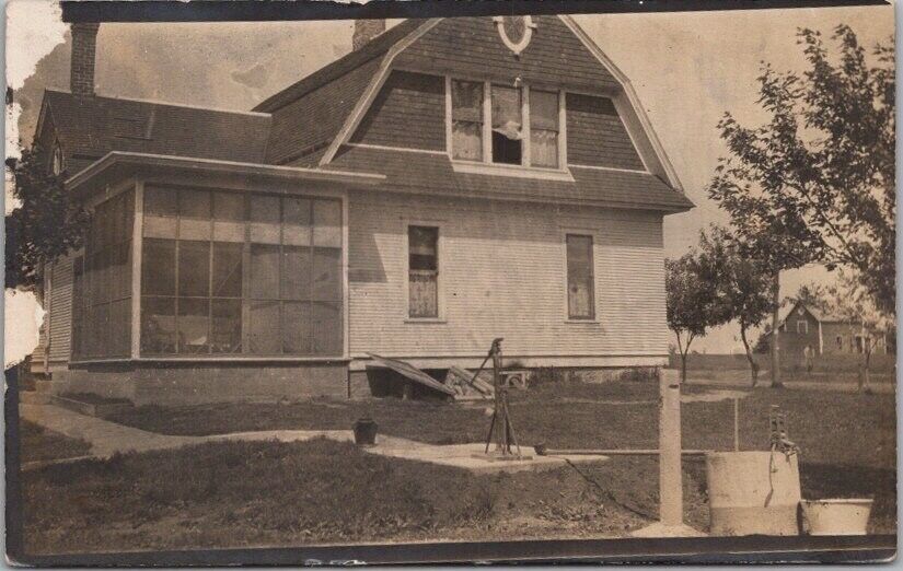 1914 MONTEREY Minnesota RPPC Real Photo Postcard Farm House Scene / Water Pump