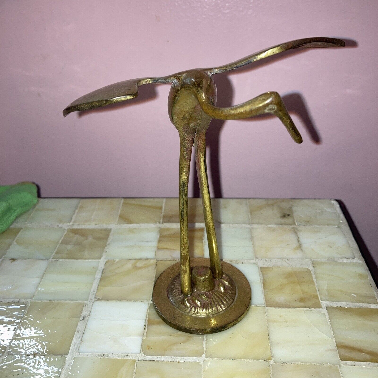 Vintage MCM Solid Brass Crane Figurine /Heron Bird/ Natural Patina/5”T x 4 1/2”w