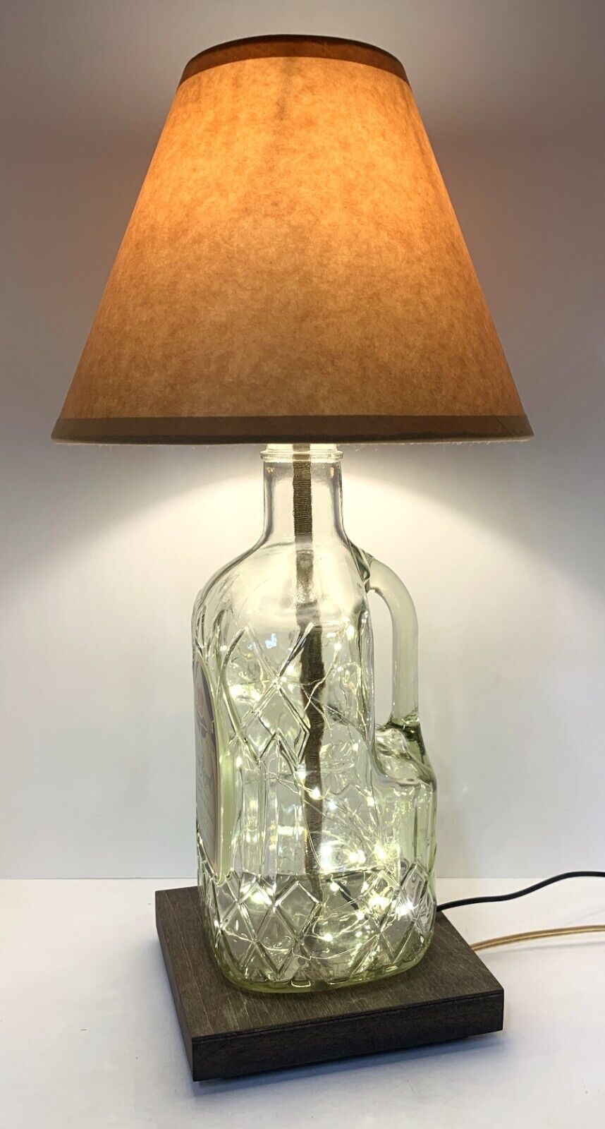 YOUR CHOICE Bottle TABLE LAMP Bar Light w/ USB Fairy Lights, Wood Base & Shade