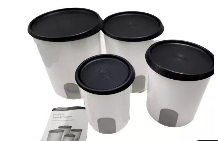 Tupperware One Touch Reminder 4 piece See in Canister Set White w/ Black Lids GC