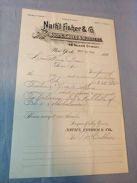 1890s Nath'l Fisher & Co Boots Shoes Rubbers Letter Head Stationary NY Duane St