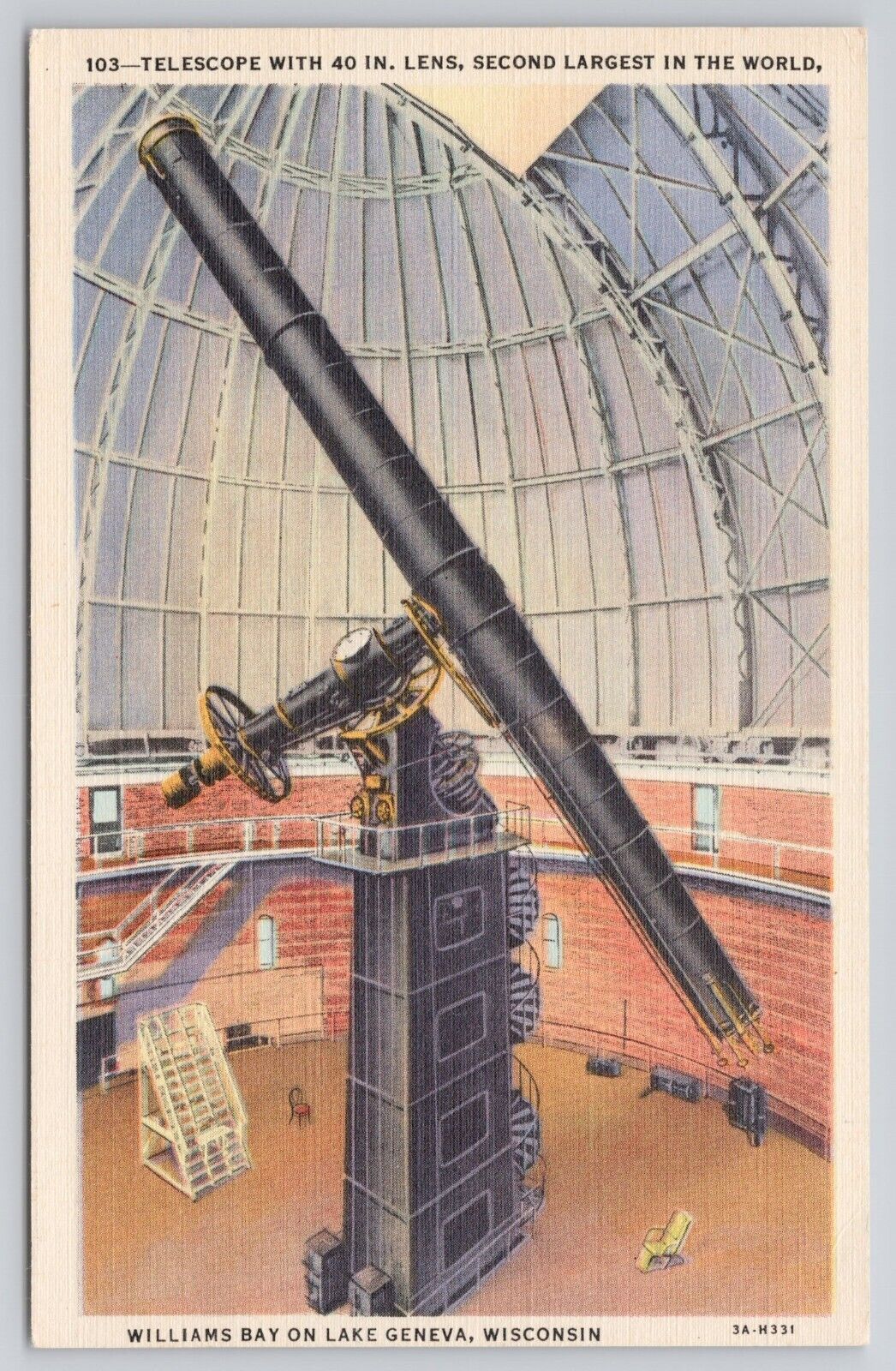 Telescope Yerkes Observatory Williams Bay Lake Geneva Wisconsin Linen Postcard