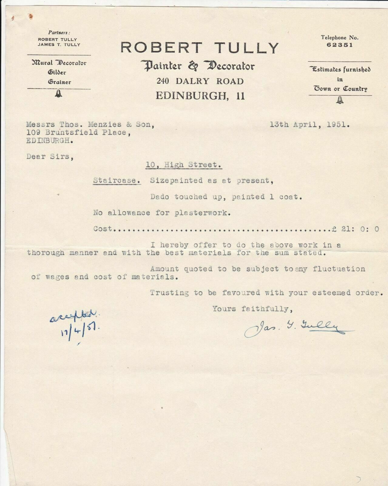 Robert Tully Painter & Decorator Edinburgh 1951 works Offer Letter Ref 38894