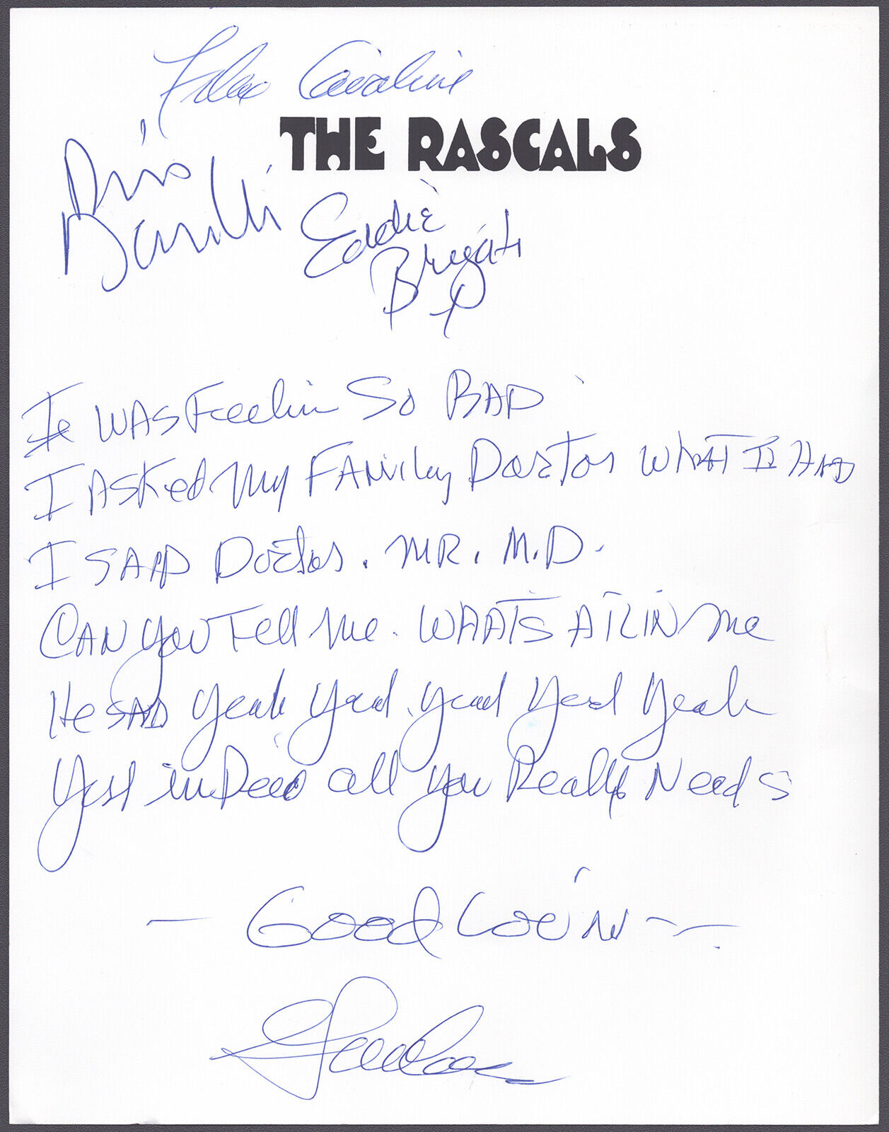THE (YOUNG) RASCALS - AUTOGRAPH LYRICS SIGNED WITH CO-SIGNERS