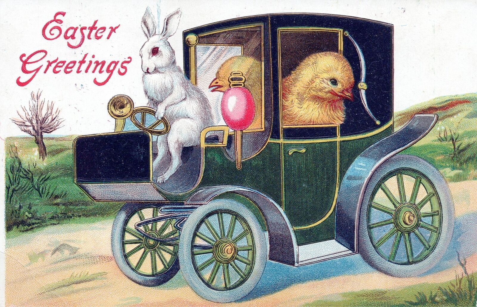 EASTER - Rabbit Chauffeur Driving Chicks In Car Easter Greetings Postcard