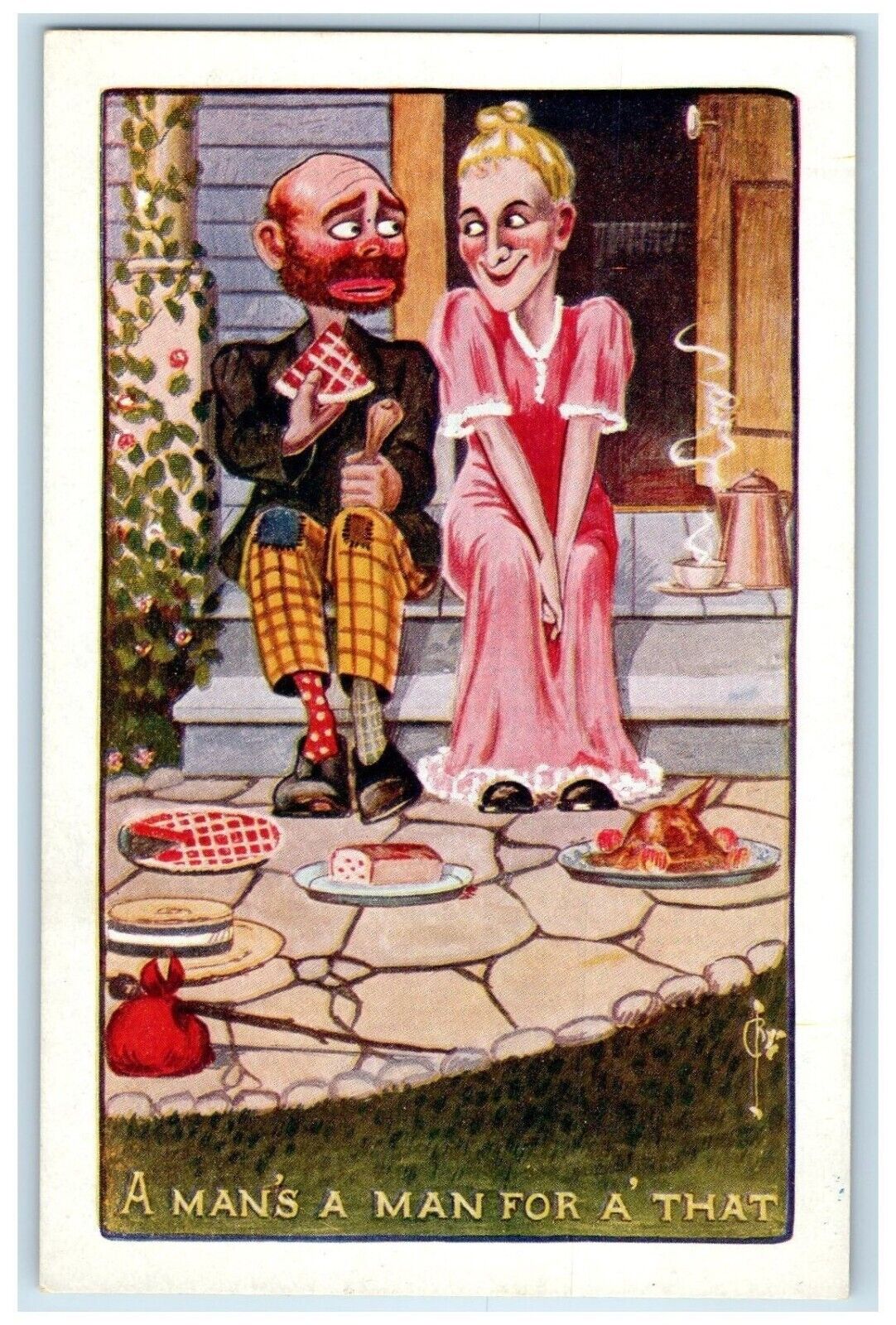 c1910's Couple Dating A Man's A Man For A That Crossdressing Hobo Postcard