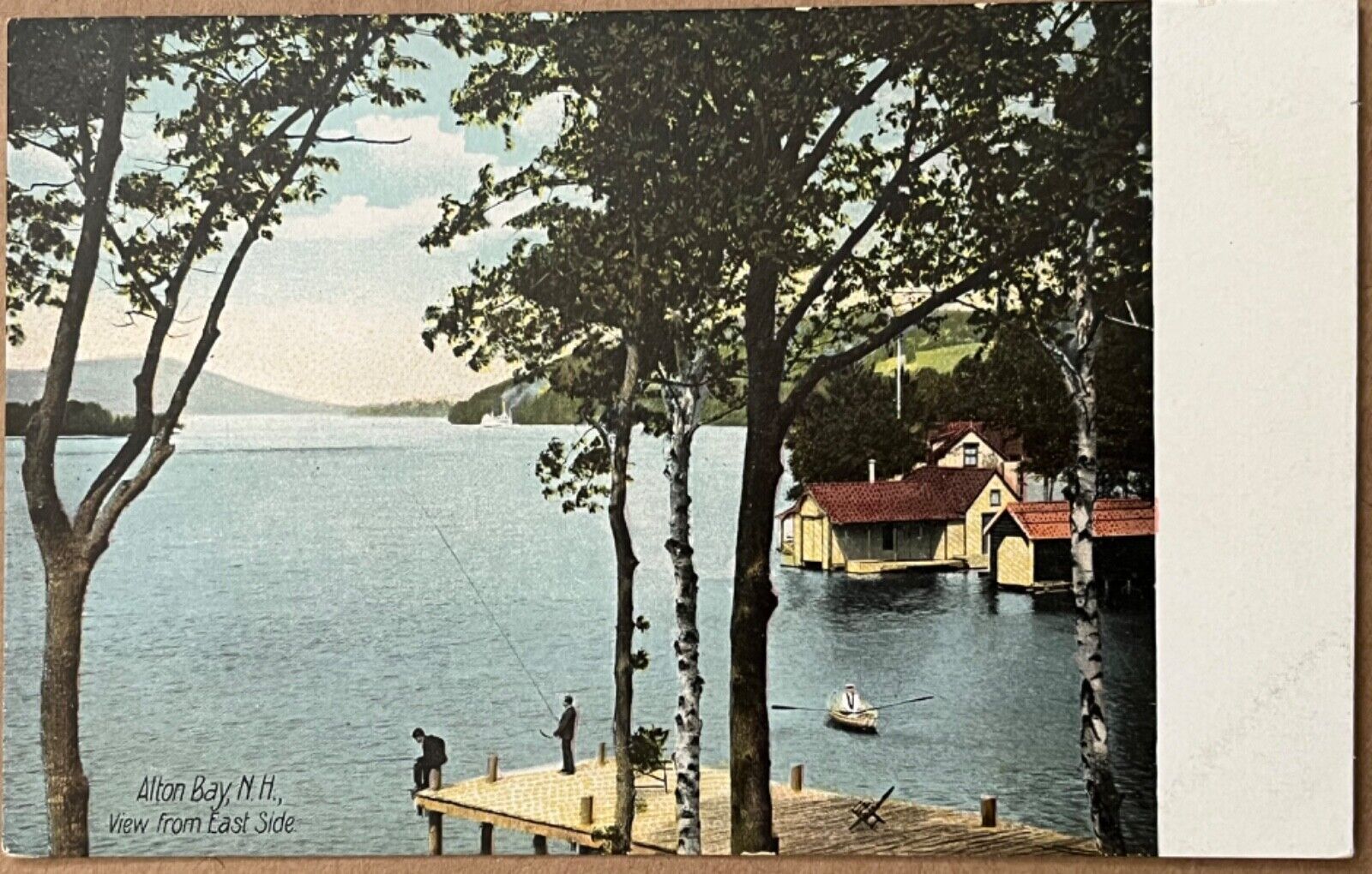 Alton Bay New Hampshire East Side Men Fish on Boat Dock Antique Postcard c1900