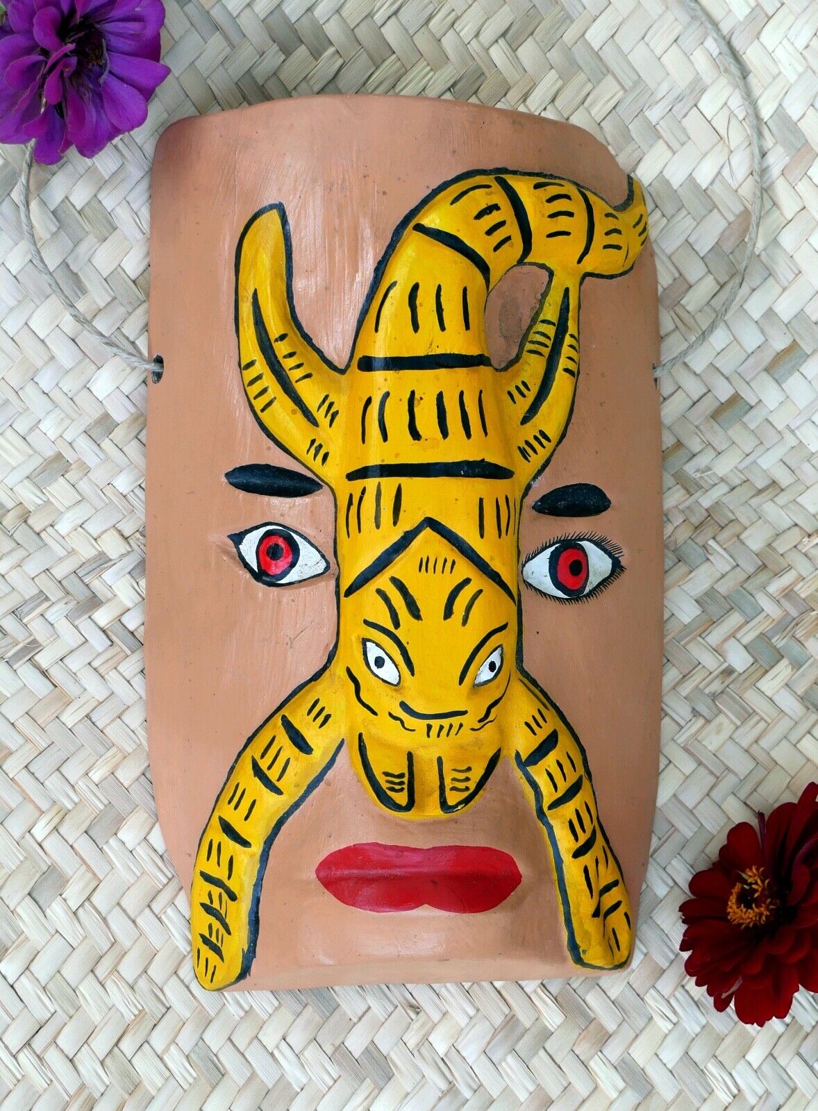 Mask Scorpion on Face Wood Hand Carved Hand Painted Guerrero Mexican Folk Art