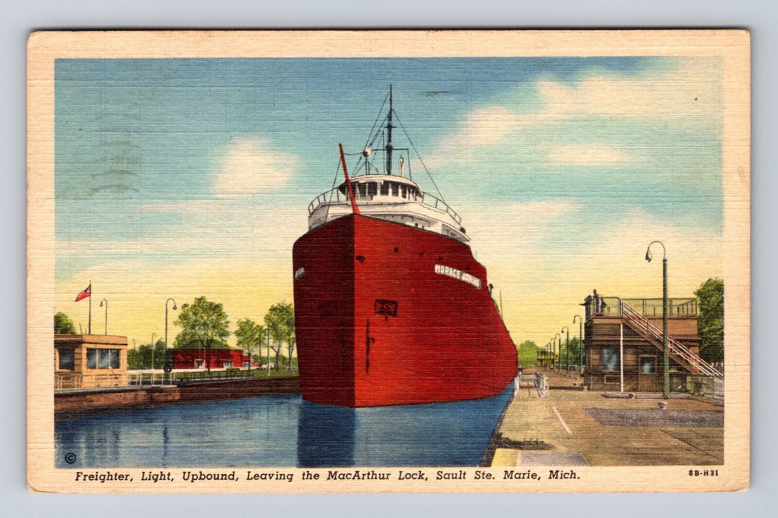 Sault St Marie MI-Michigan, Freighter on MacArthur Lock, Vintage c1950 Postcard
