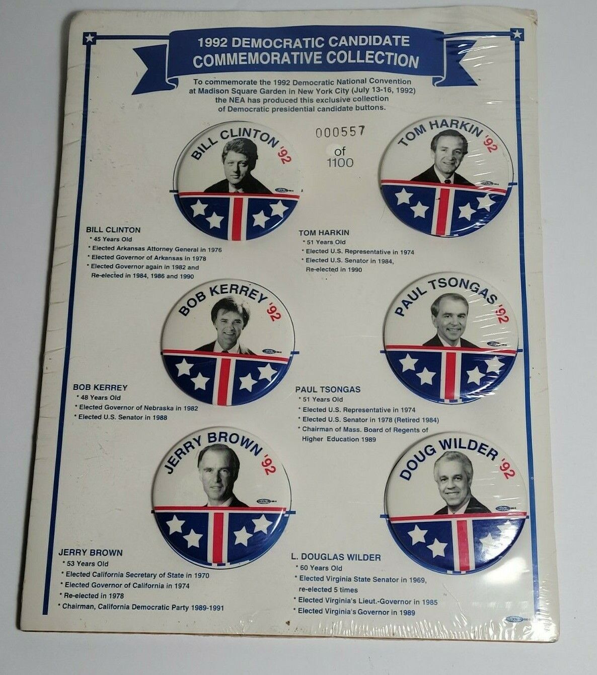 1992 DEMOCRATIC CANDIDATE ELECTION CAMPAIGN BUTTONS PINS 557 OF 1100 - CLINTON