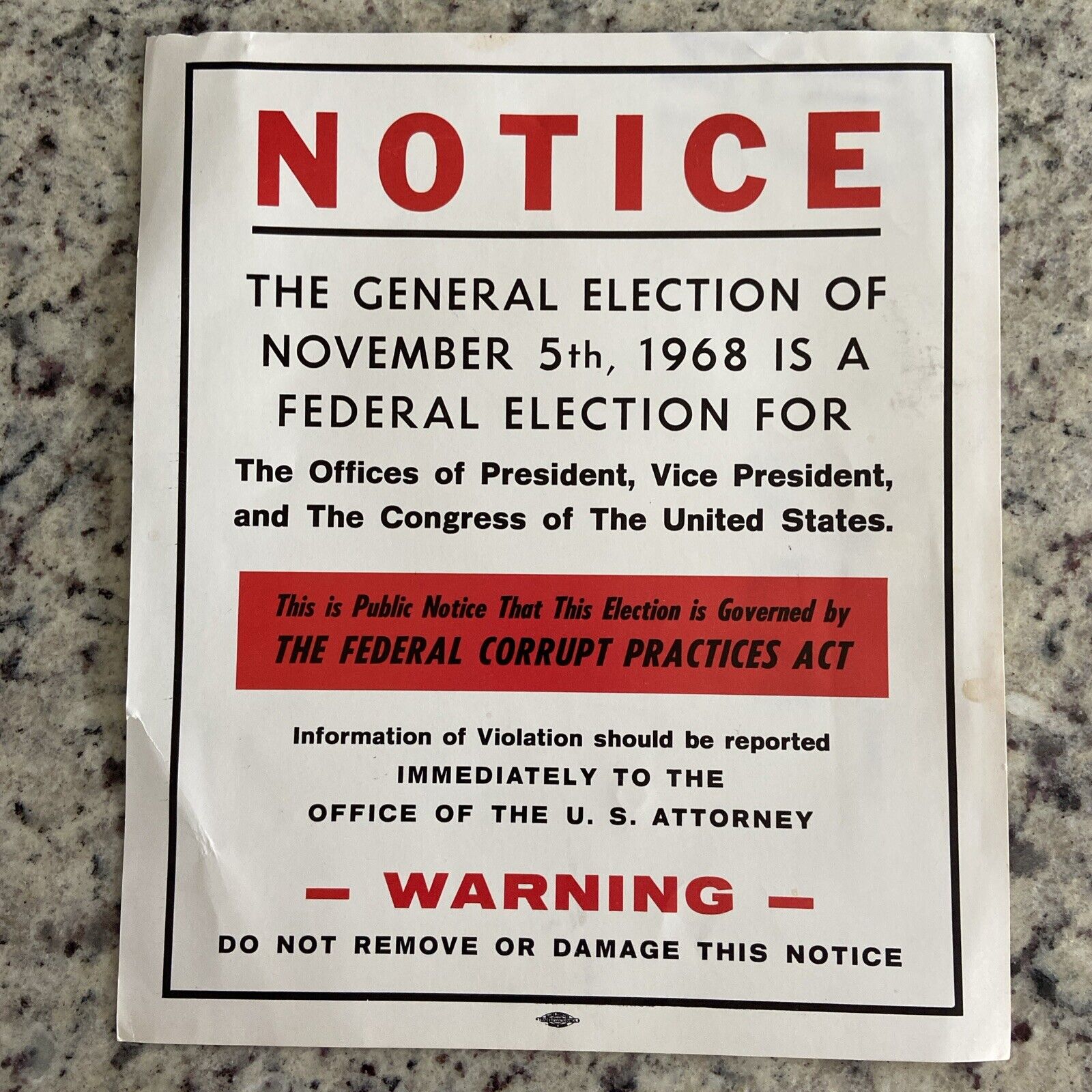 Rare 1968 Vintage GENERAL ELECTION Sign Official  Polling Place President Nixon