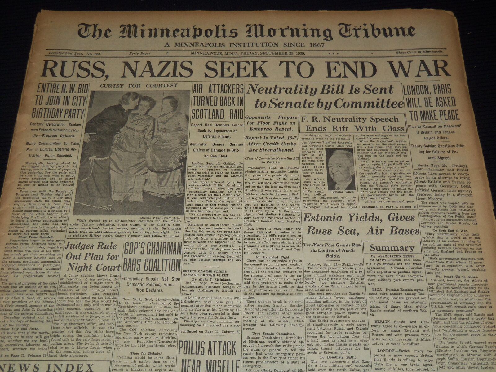 1939 SEPT 29 MINNEAPOLIS MORNING TRIBUNE - RUSS, NAZIS SEEK TO END WAR - NT 9545