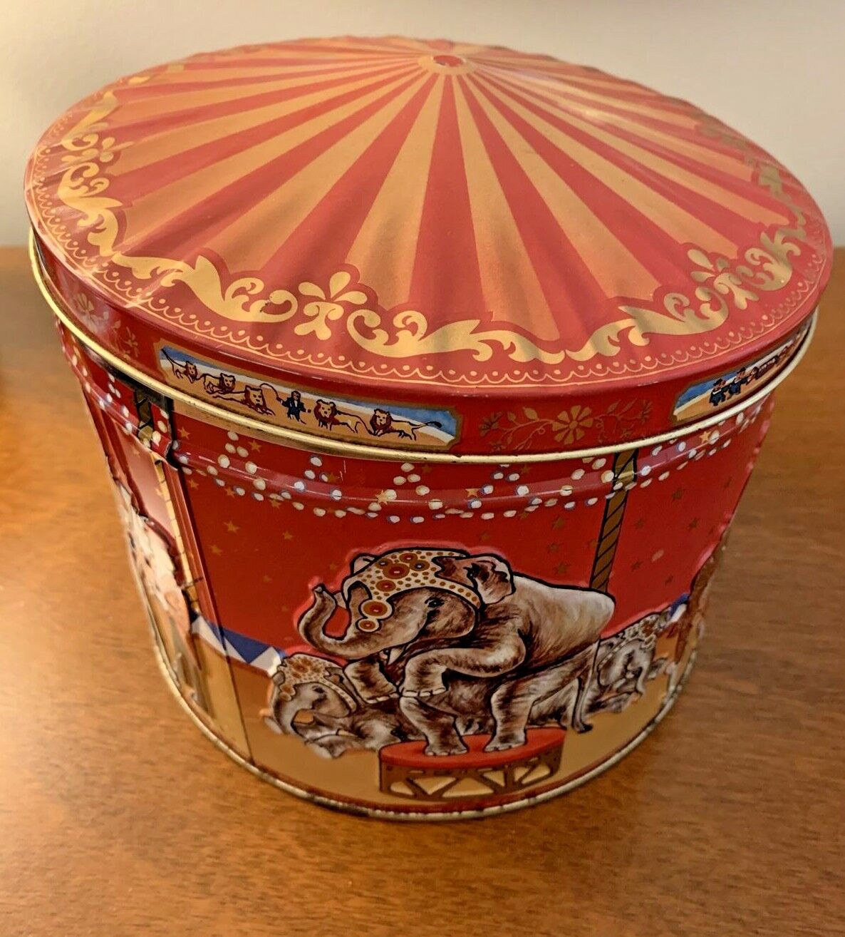 Vintage Poul Friis Big Top Circus Empty Metal Cookie Tin Featuring Elephants 3D