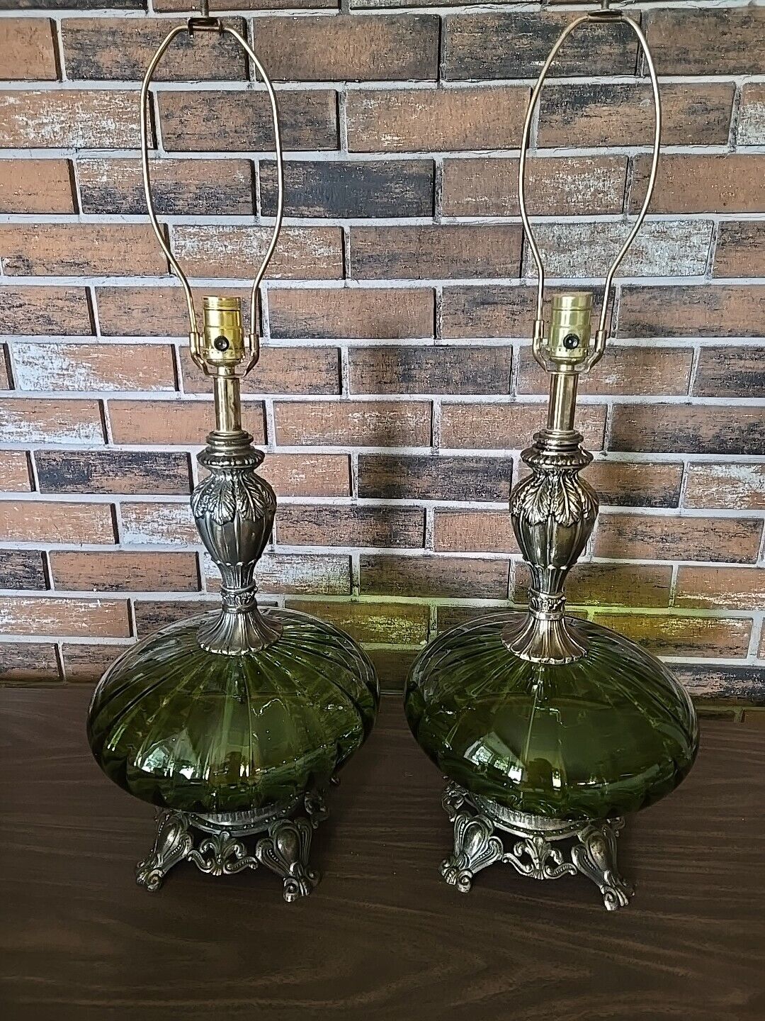 Pair Of MCM Large Hollywood Regency Table Lamps Green Brass Optic Diffuser 3-Way