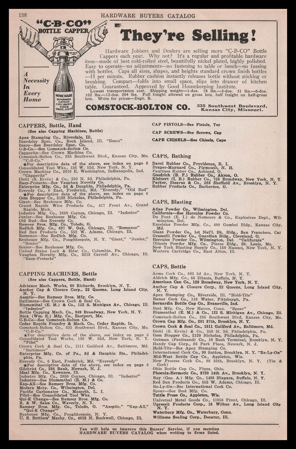 1928 Comstock Bolton Company Kansas City Missouri C-B-CO Bottle Cappers Print Ad