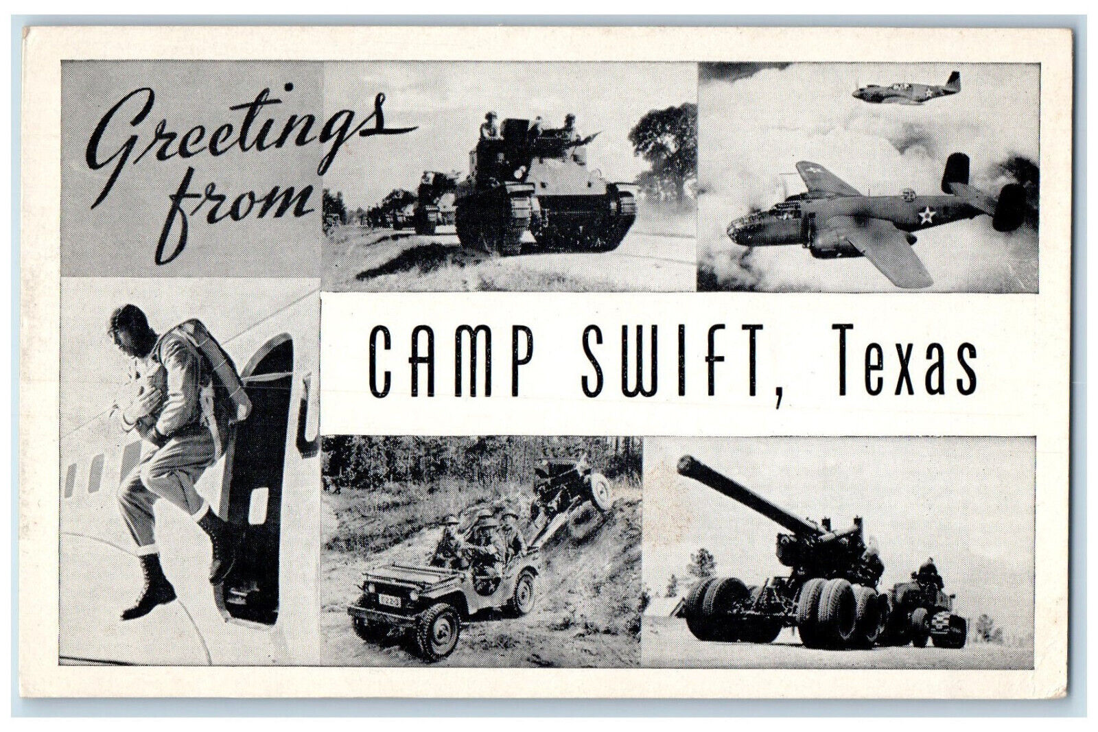 1943 Greetings from Camp Swift Texas TX Cannon Soldier Mail Multiview Postcard