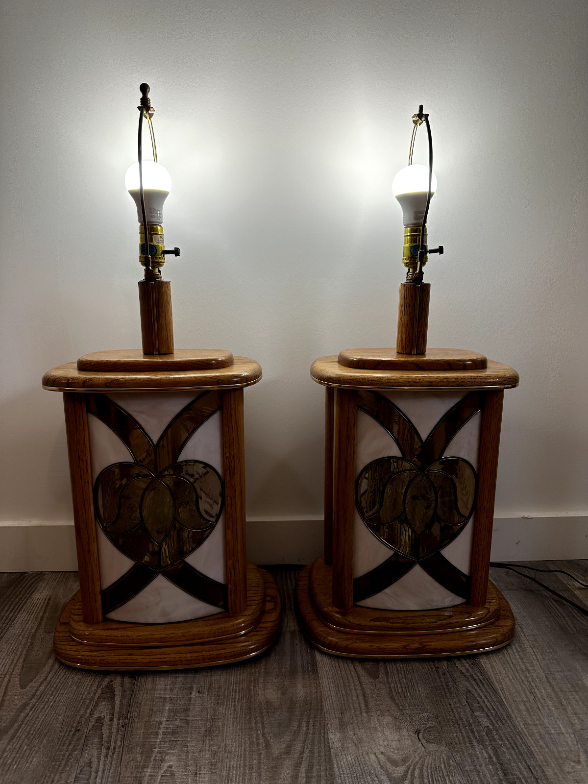 Vintage Pair of Oak Wood Etched Smoked Glass Table Lamps Retro MCM 80s Regency