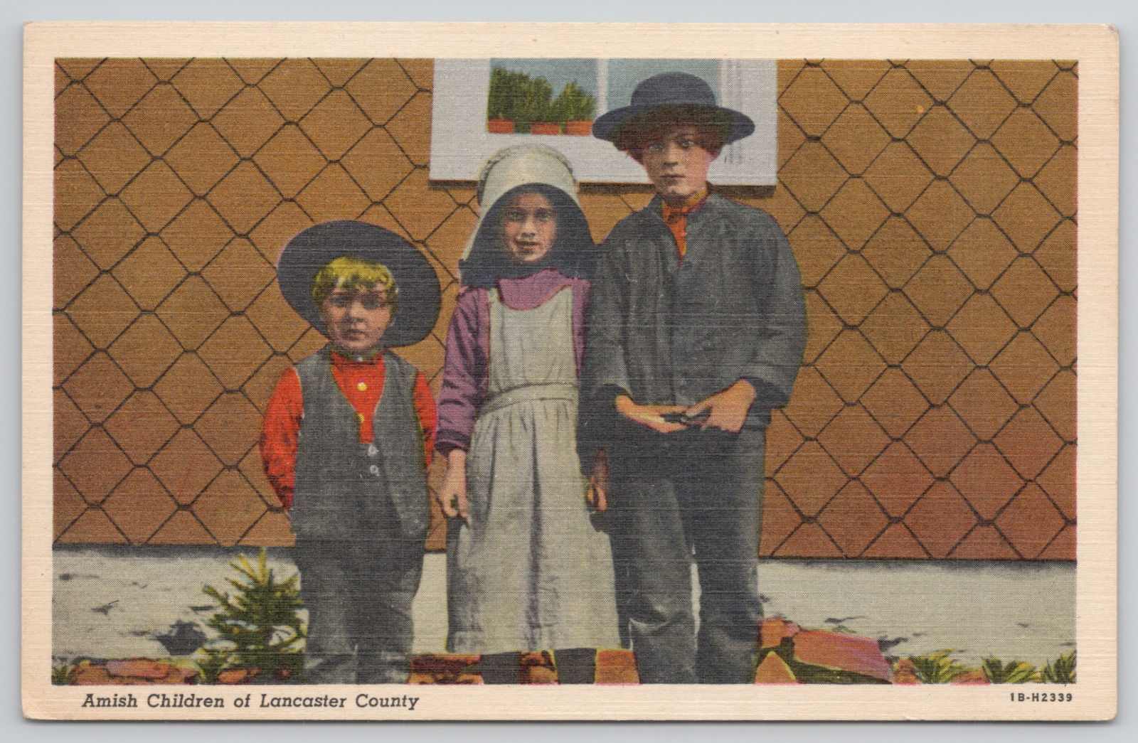 Lancaster County Pennsylvania Amish Children Linen Vintage Postcard