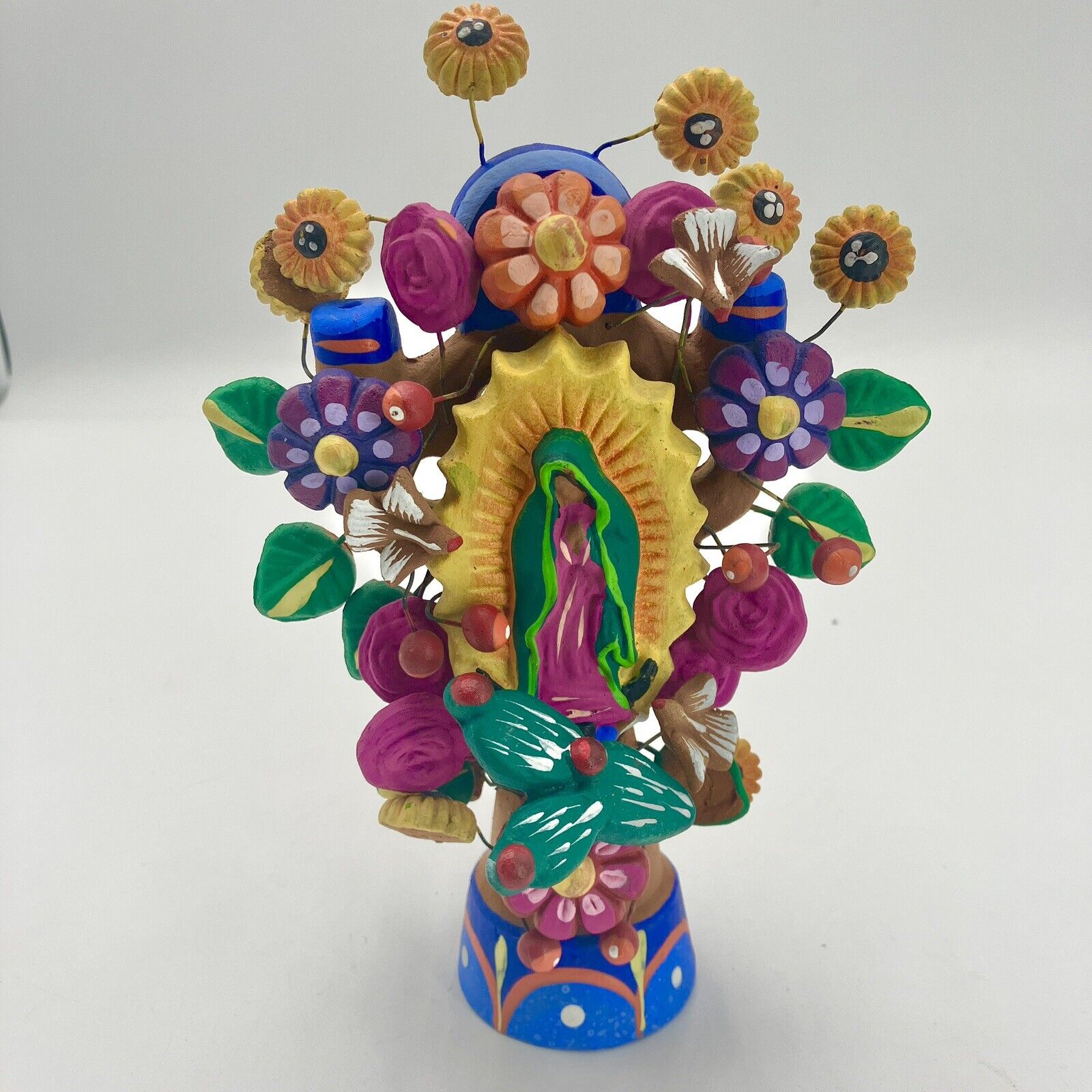 Mexican Folk Art Tree of Life Colorful Hand-Painted Clay statue Virgin Guadalupe
