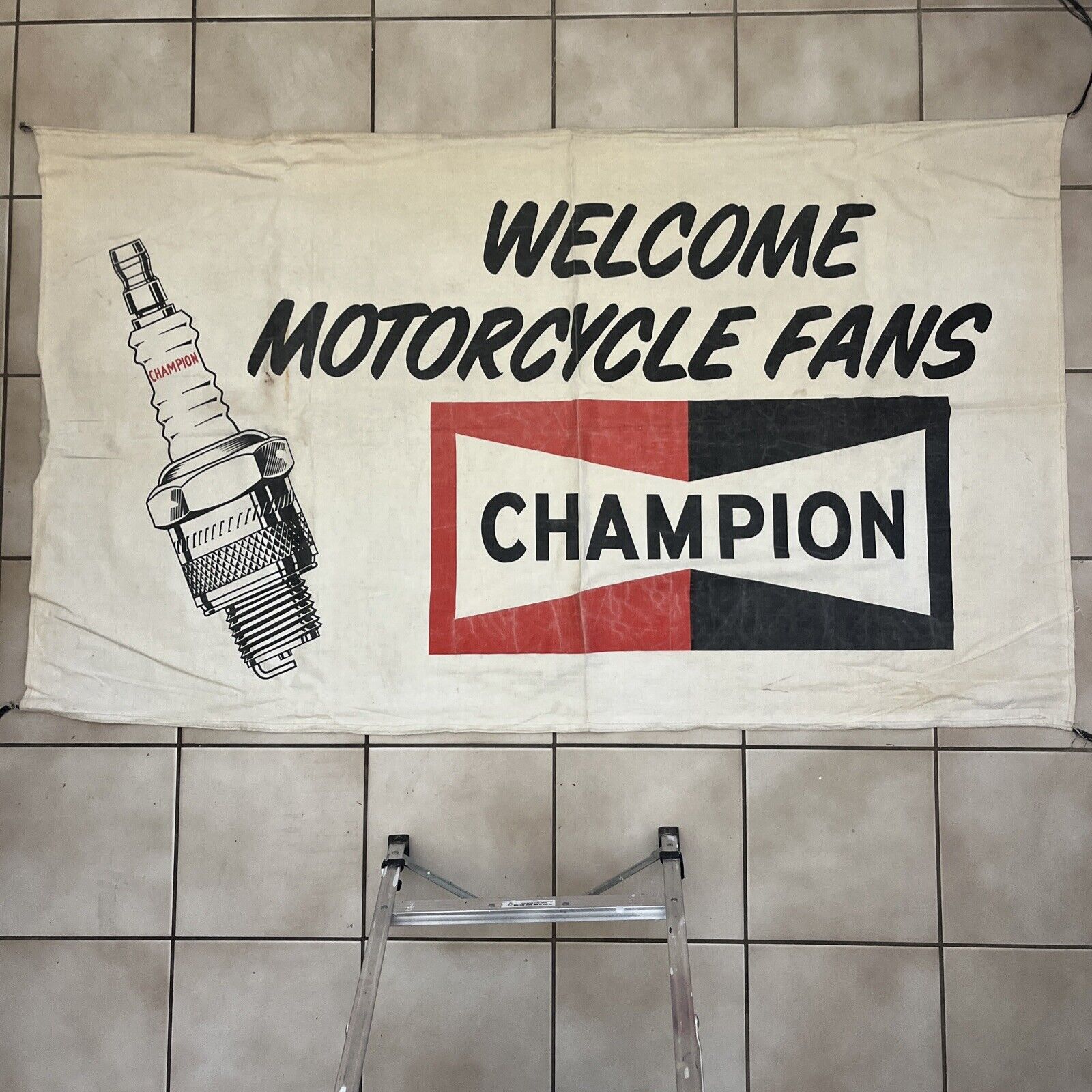 Champion Spark-Plug Advertising Banner VINTAGE 1970s Motorcycle Fans Racing Nhra