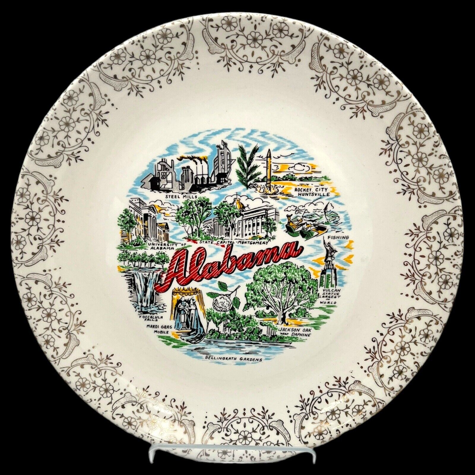 VTG 1960s State Of ALABAMA Decorative Souvenir Plate Landmarks Platinum Border