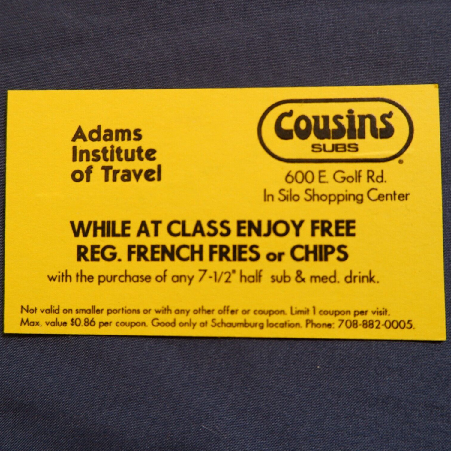 Adams Institute of Travel Cousins Subs Coupon Business Card-Schaumburg IL