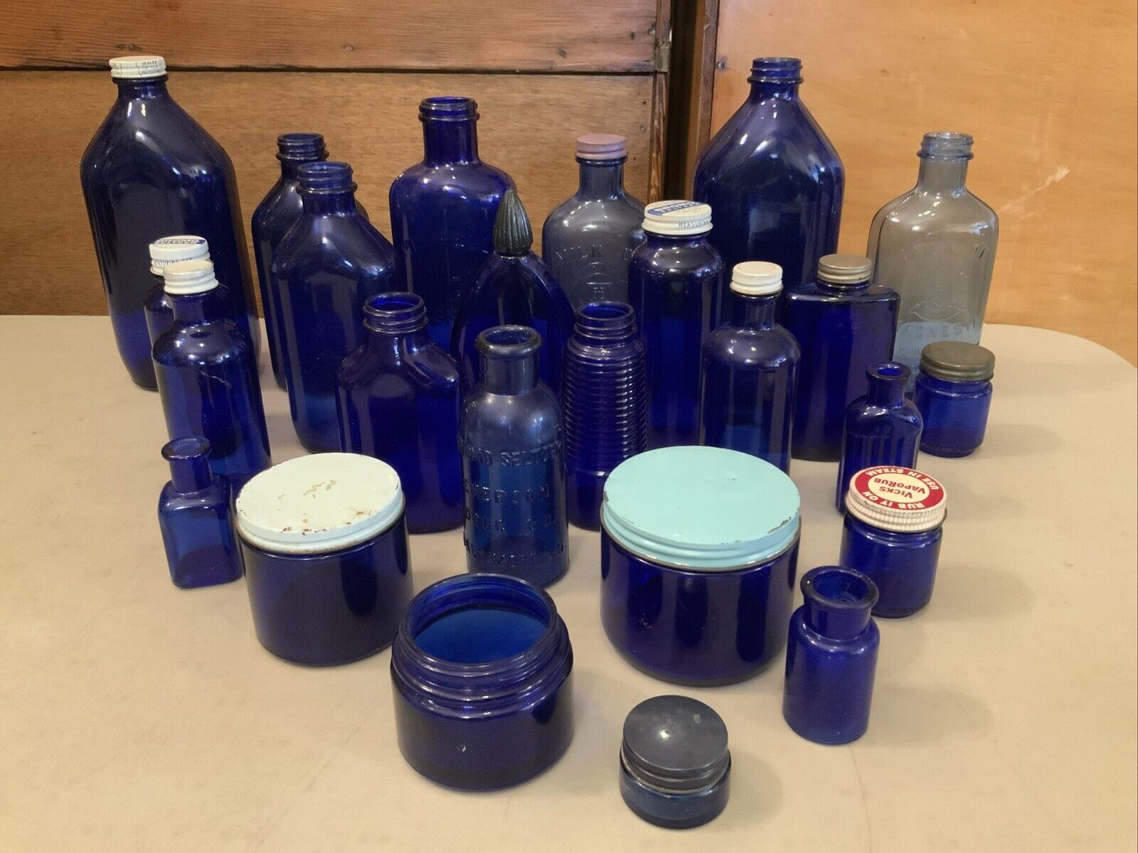 Huge Lot Of 25 Vintage Antique Cobalt Blue Glass Bottles Medicinal Cosmetics