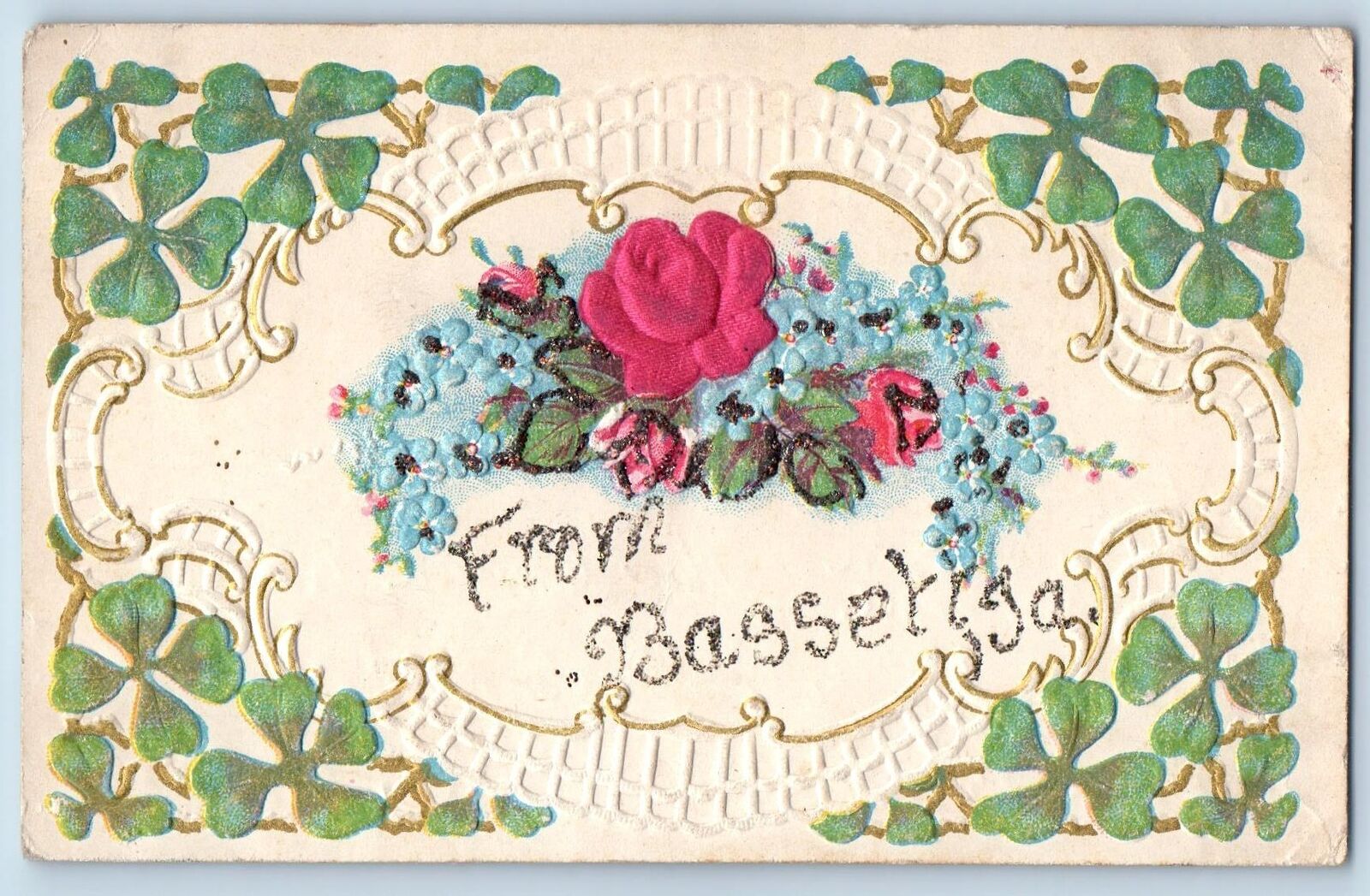 Bassett Iowa IA Postcard Greetings Embossed Flowers And Clover Leaves c1910's