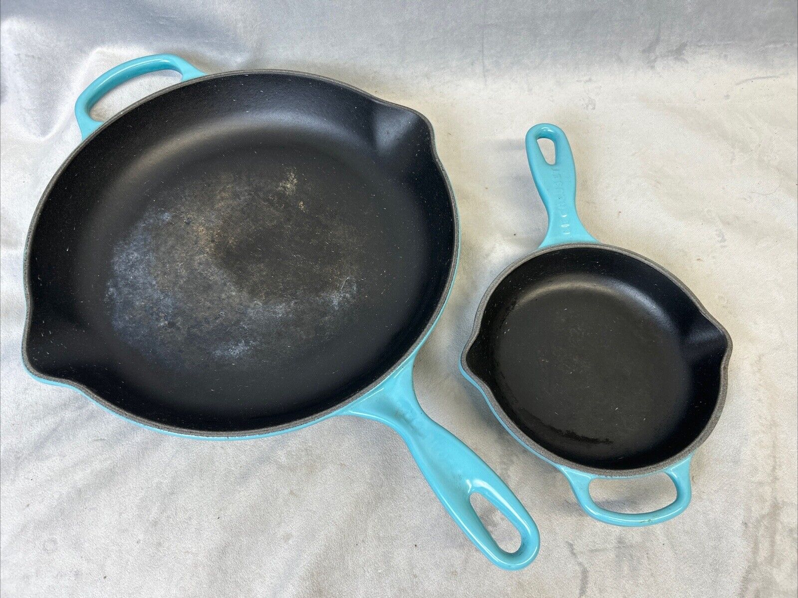 Set Of 2 Le Creuset Cast Iron Skillet 12” & 6” Robins Egg Blue Enamel Frying Pan