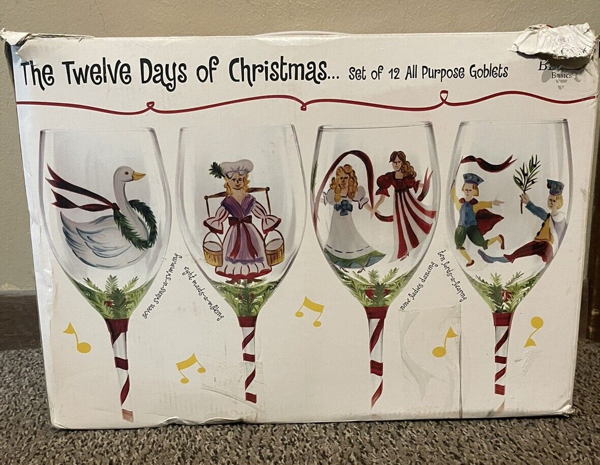 VTG The Twelve Days of Christmas Goblets 12 Hand Painted Block Basics Glasses