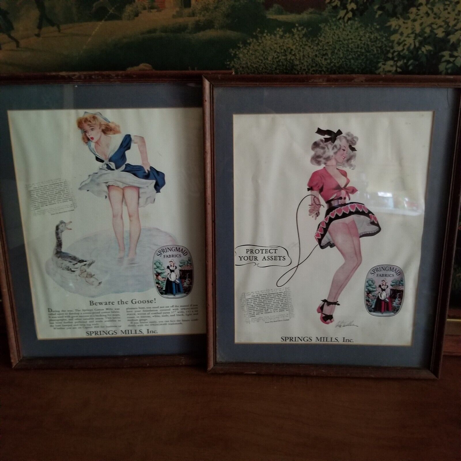 RARE Spring Maid Girl pin up advertisement prints, lot of 2, 1948, framed