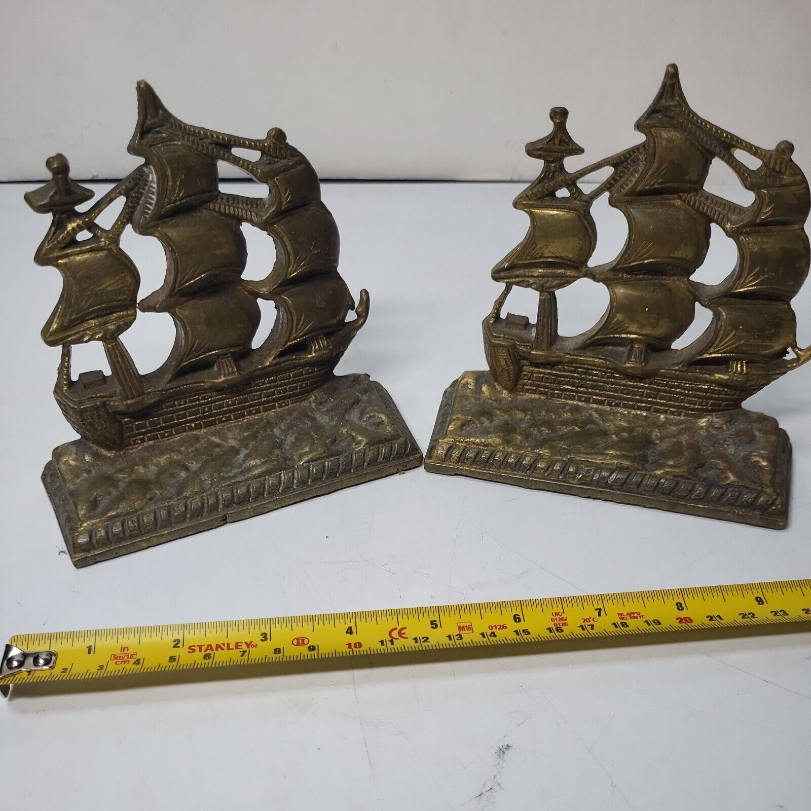 VTG Solid Heavy Brass Copper Ship Bookends Nautical Decor Sailing Navy Patina