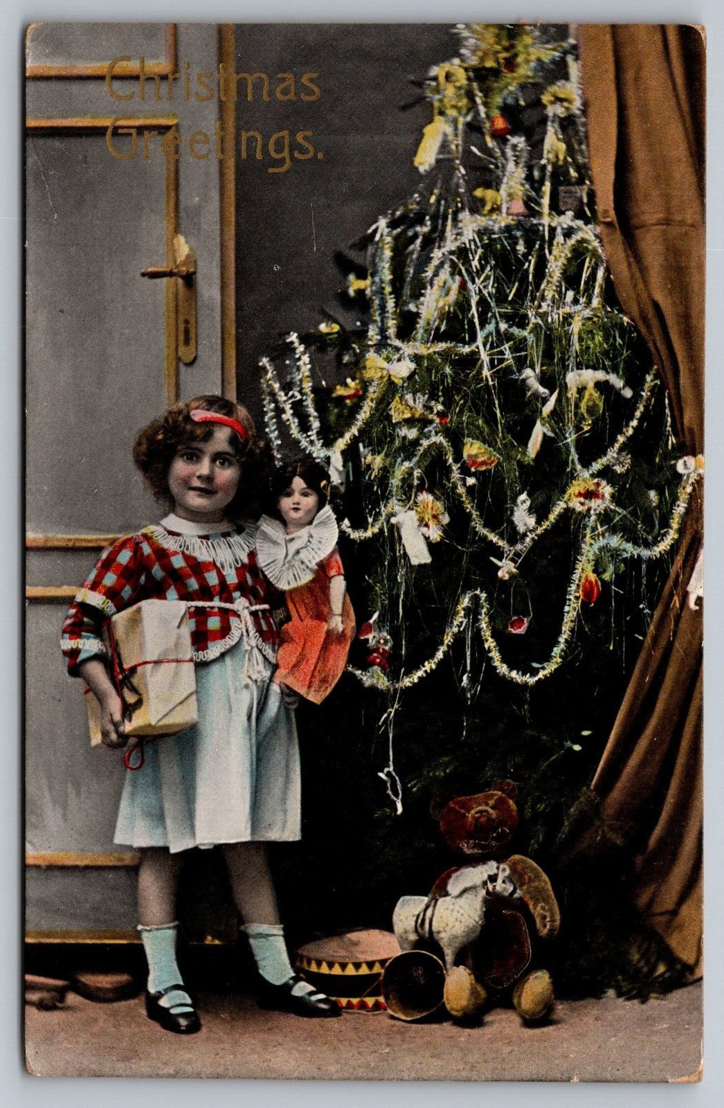 Christmas Greetings-Girl w/ Victorian Doll & VTG Toys-c1914 German Postcard