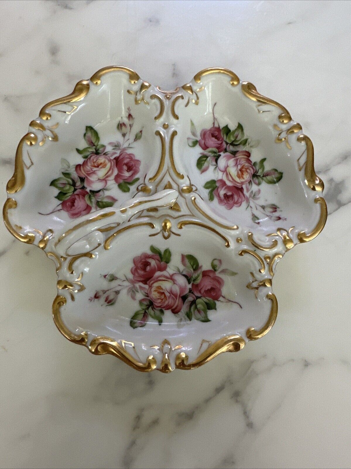 Vintage Porcelain Pink Roses 3 Divide Gold Gilding Small Candy Nut Handle Dish