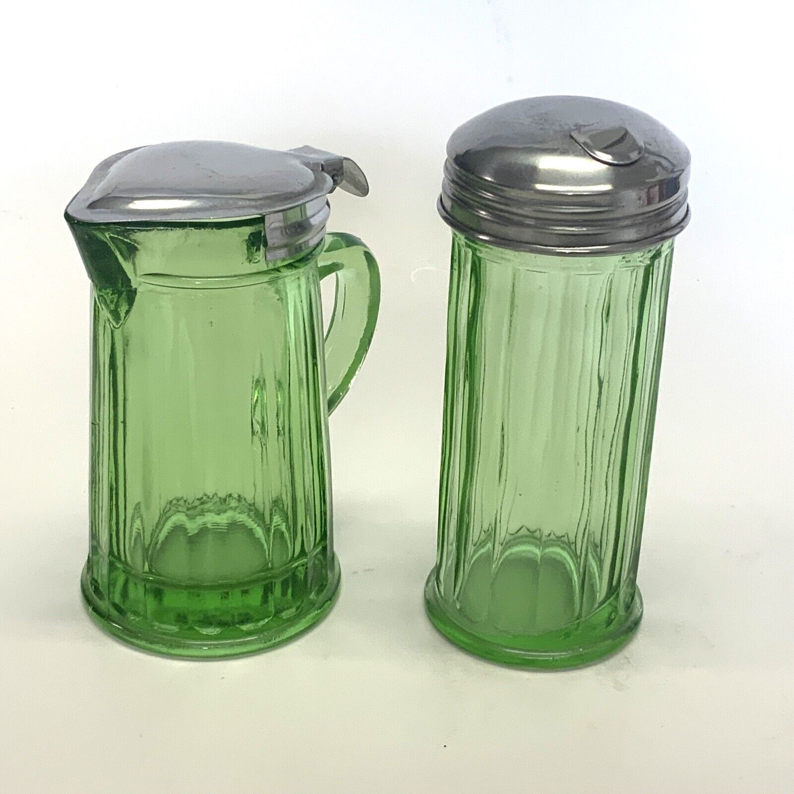 Vintage Green Depression Glass  Sugar And Creamer/Syrup Containers Unbranded