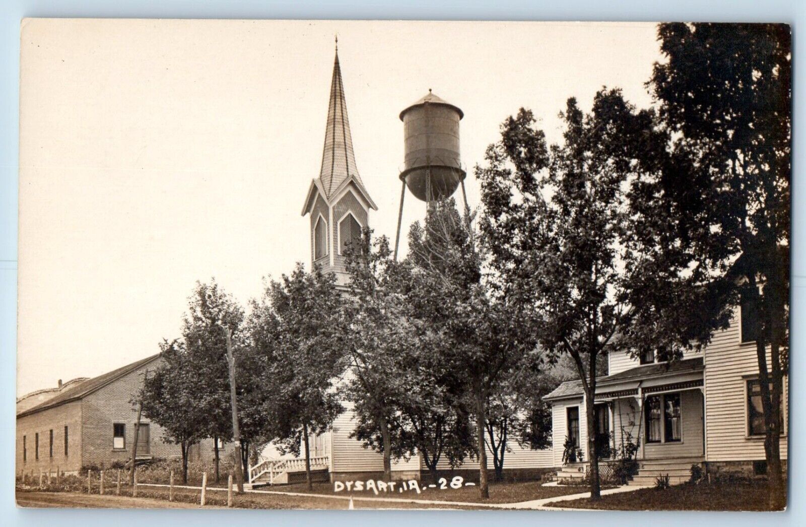 Dysart Iowa IA Postcard RPPC Photo Church Scene Water Tower c1930's Vintage