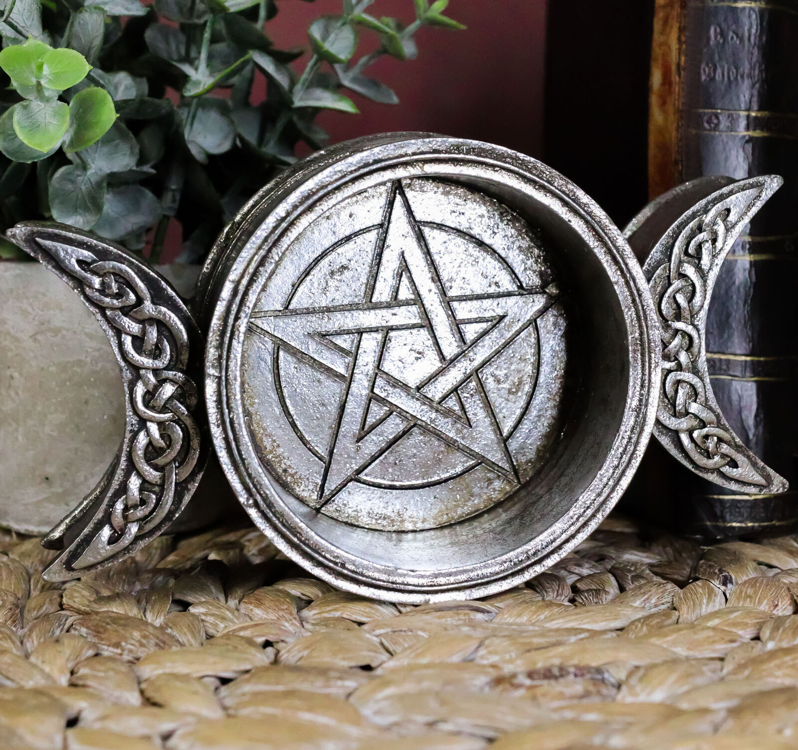 Wicca Triple Moon With Pentagram Circle Celtic Knotwork Crystals Candle Holder