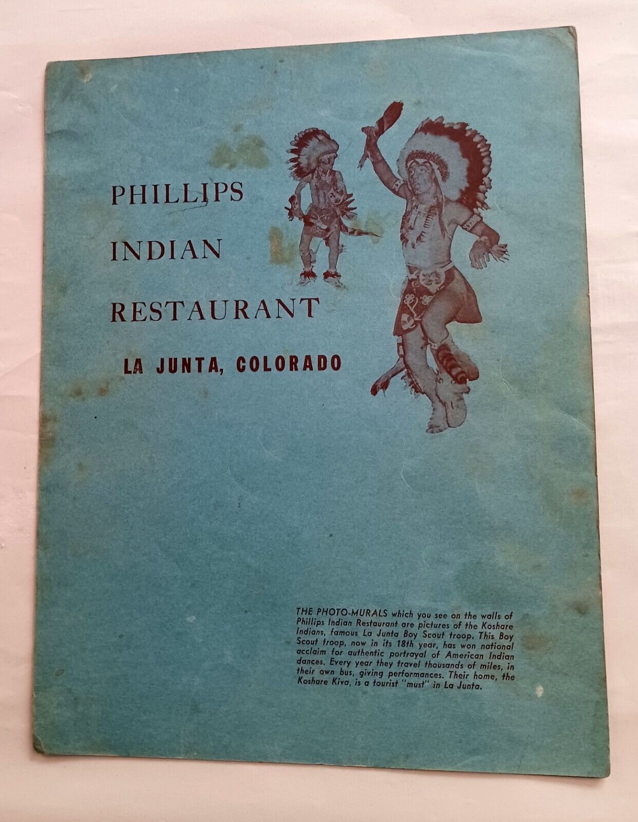 Vintage Menu Phillips Indian Restaurant La Junta Colorado Cheeseburger 45 Cents
