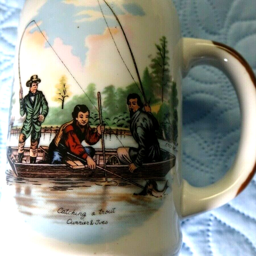 Currier And Ives Catching A Trout Fishing Scene Big Coffee Mug Cup Fly Fisherman