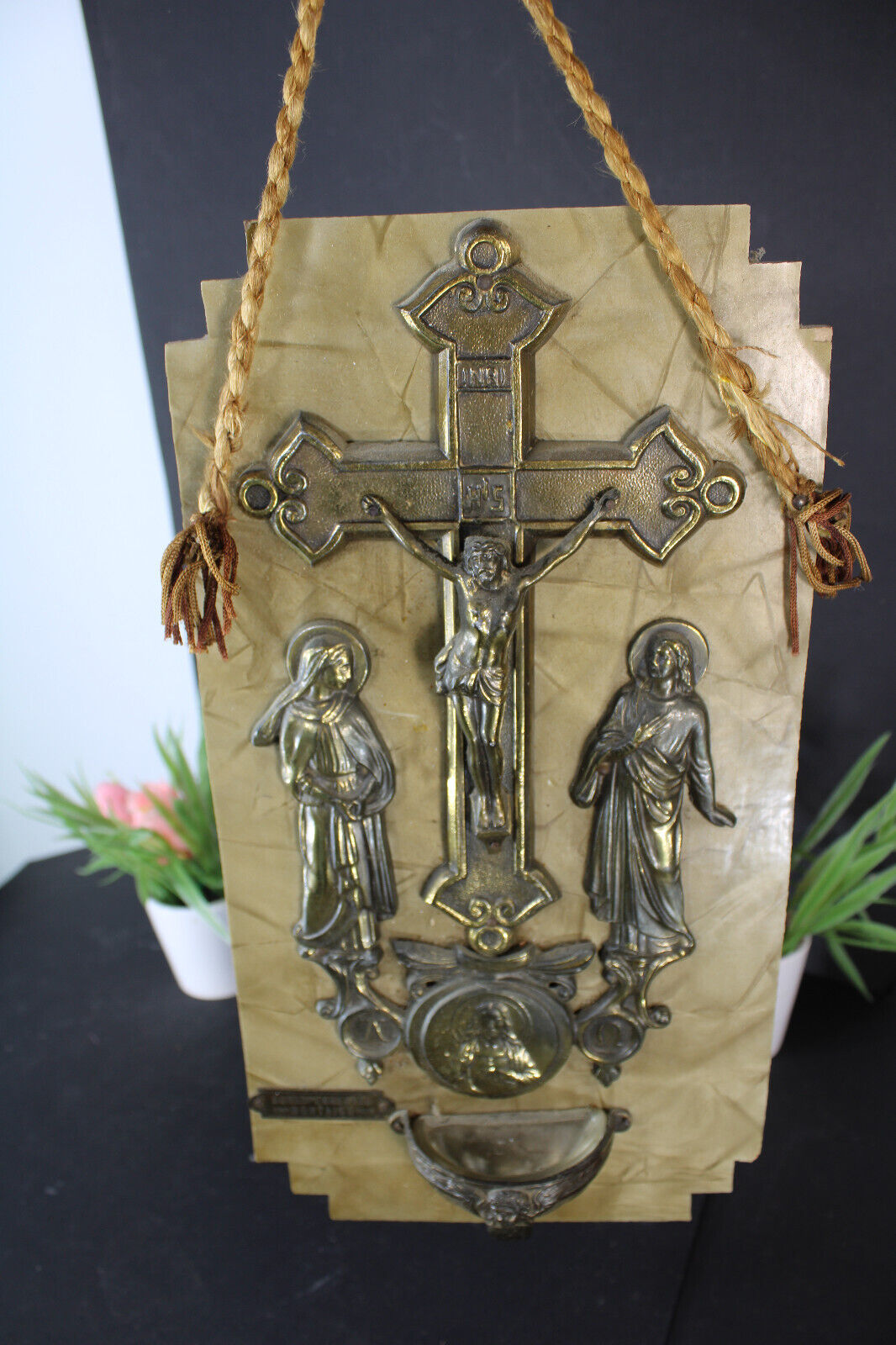 Antique Wall holy water font crucifix wall plaque panel religious