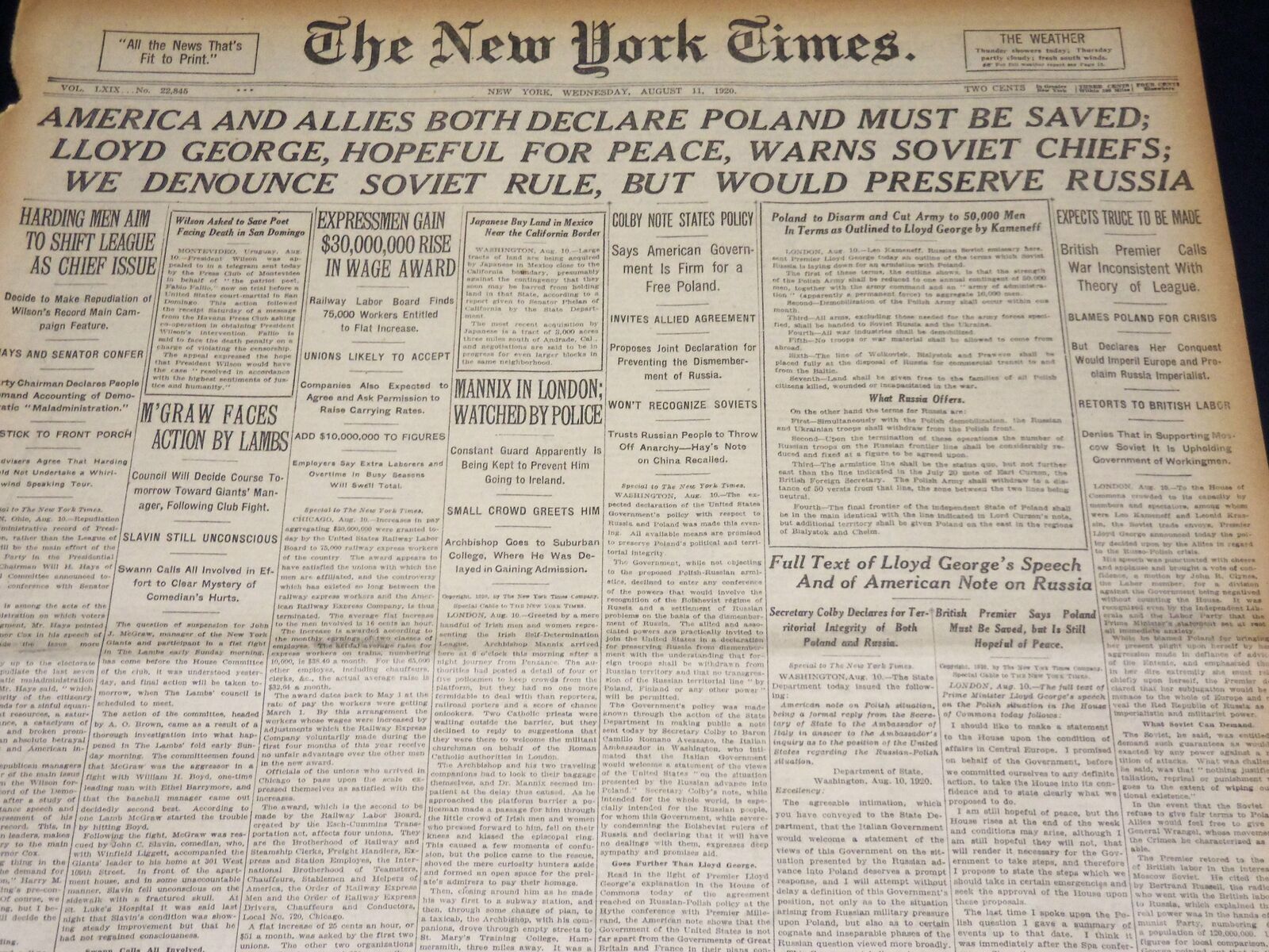 1920 AUGUST 11 NEW YORK TIMES NEWSPAPER - POLAND MUST BE SAVED - NT 8552