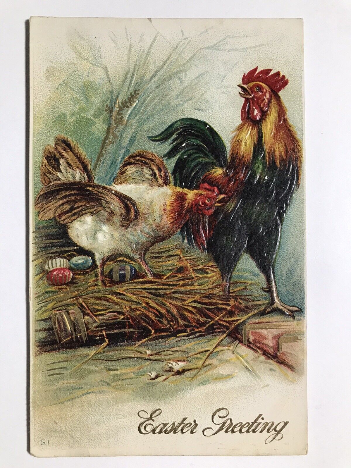 1911 Easter Greeting Rooster Hen Multicolor Eggs Postcard