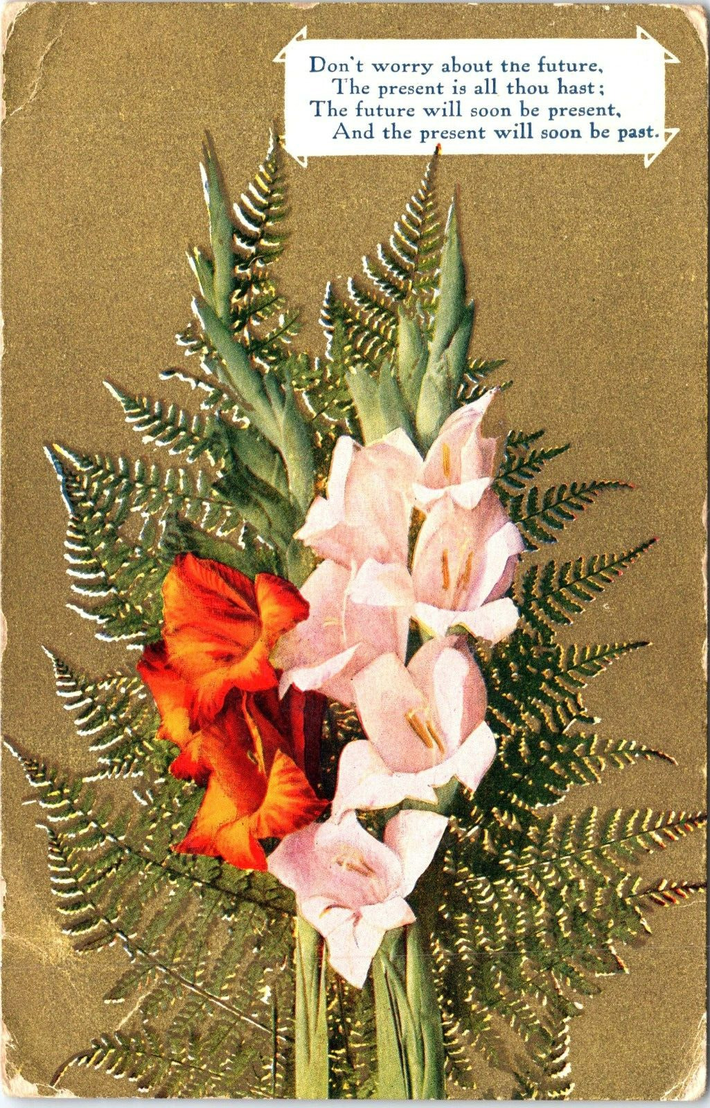 Antique Postcard with a Poem, Flowers and a 1910 Postmark with Optimism
