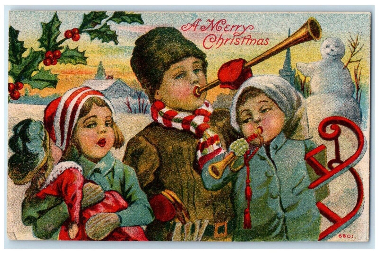 c1910's Christmas Snowman Children Holly Berries Winter Scene Antique Postcard
