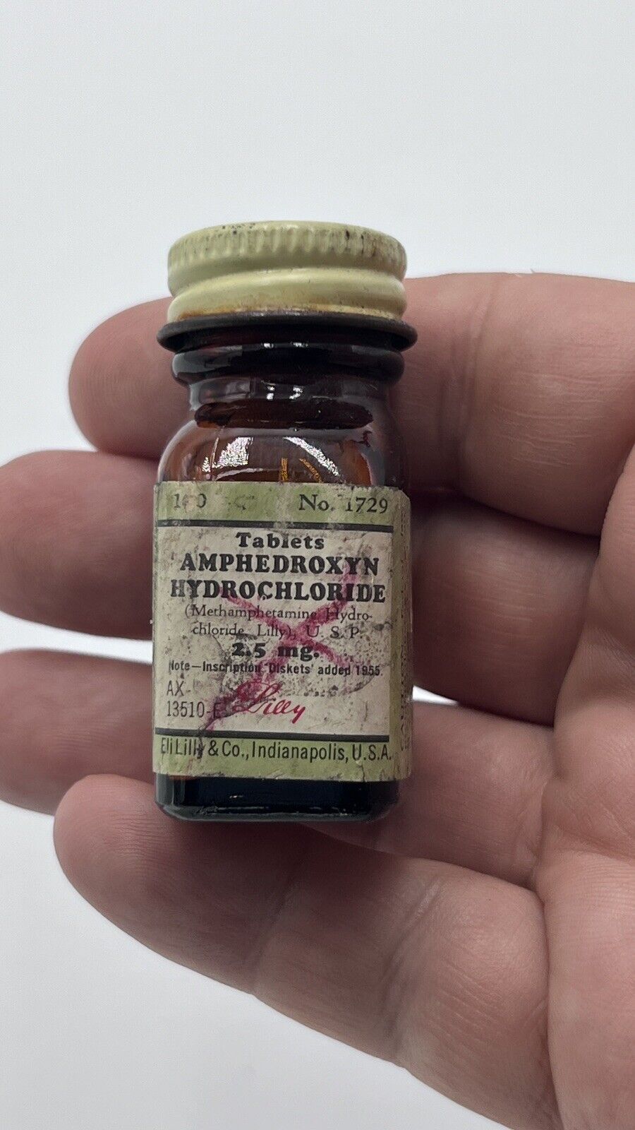 Rare Vintage Eli Lilly Amphedroxyn Hydrochloride EMPTY Amber Bottle Jar nr 1729